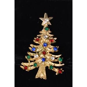 Vintage LJM Emerald, Ruby, Sapphire, Rhinestone Christmas Tree Signed